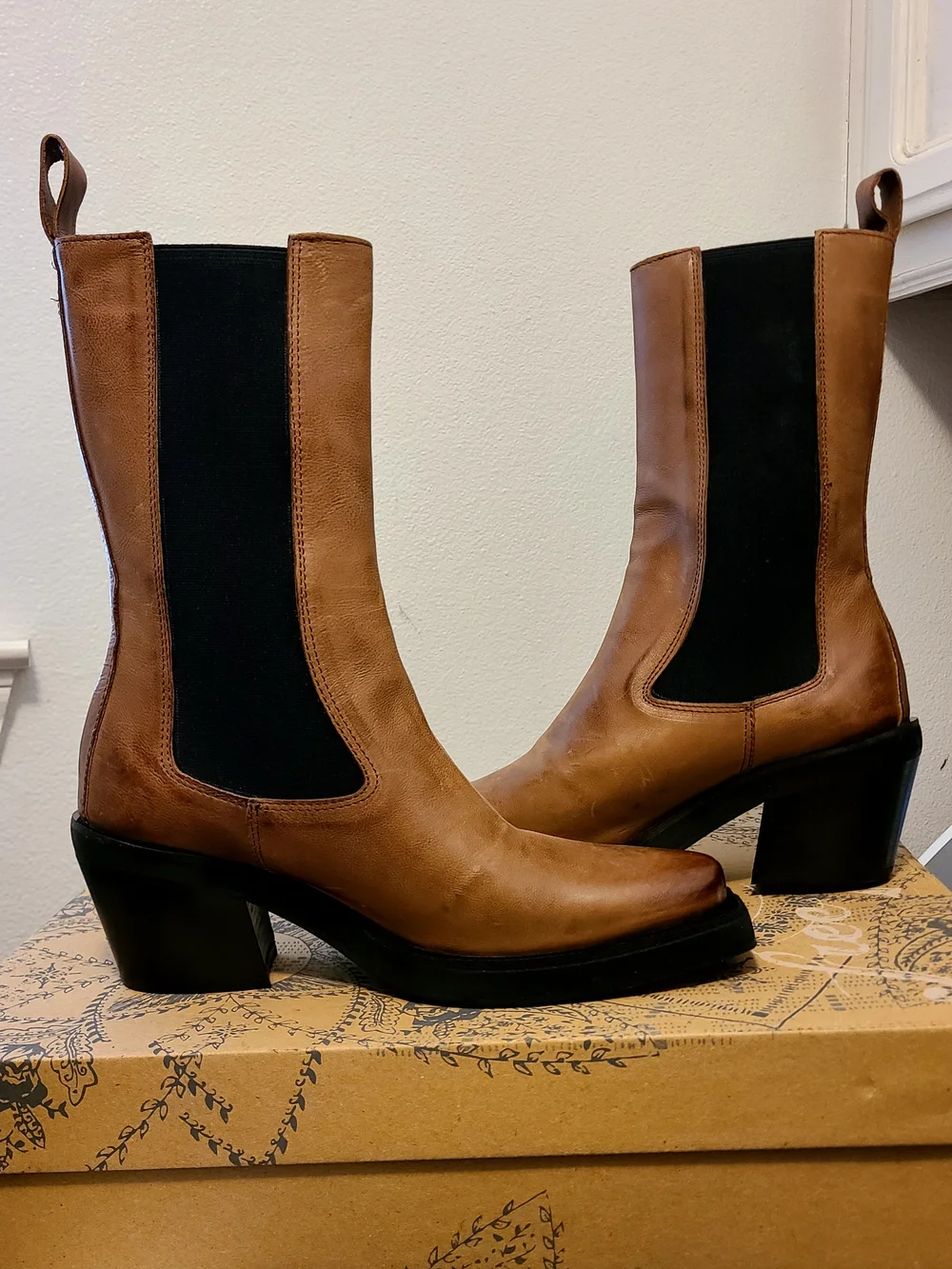 Free People Tan Leather Chelsea Heeled Boots with Black Panels